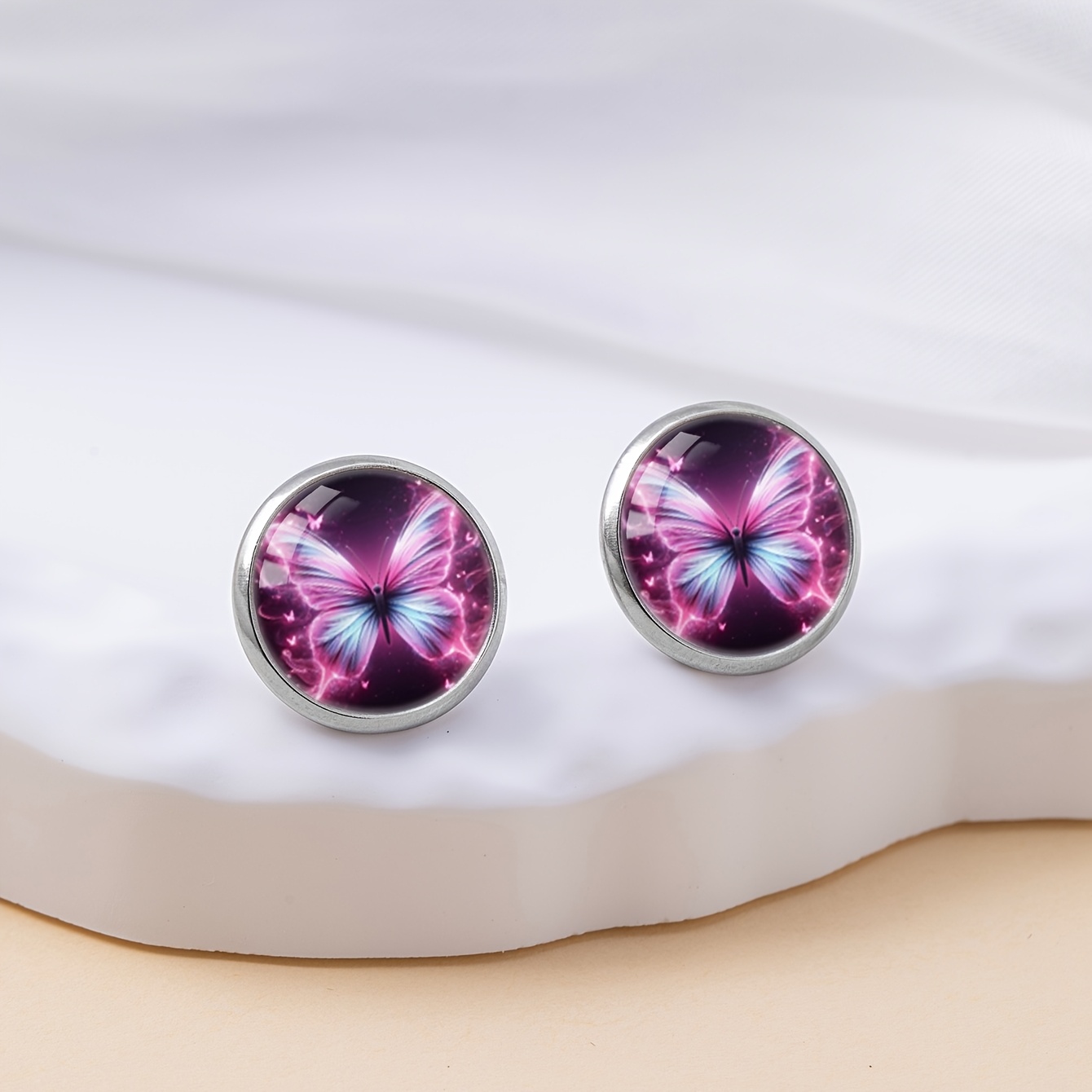 Pink-Purple Luminous Butterfly Pattern Round Stud Earrings
